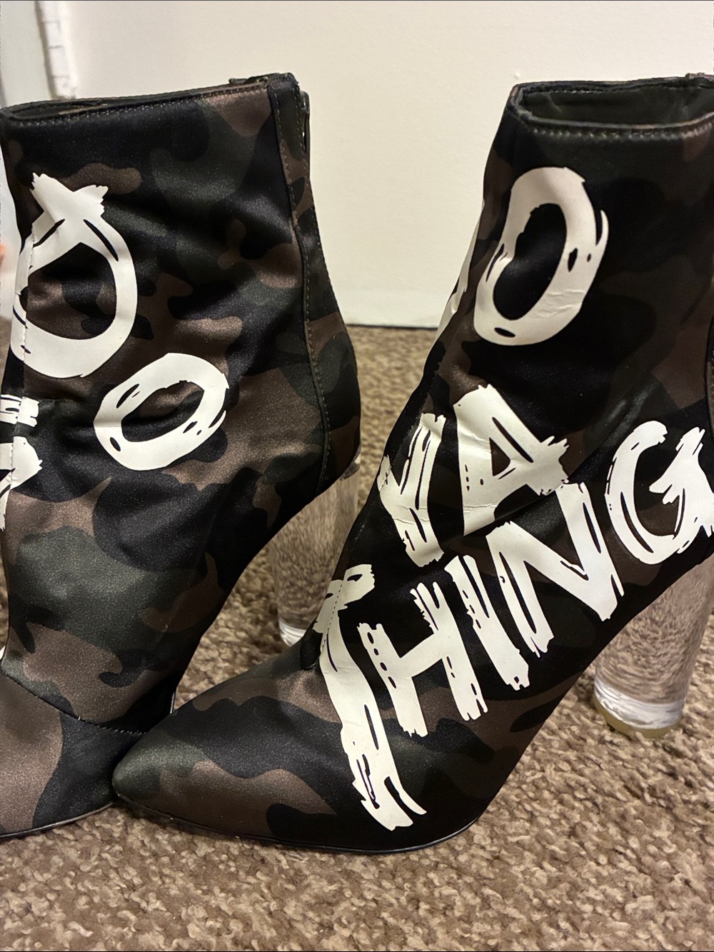 Aldo Green Camo Pointed Toe Ankle Boots with White Graffiti